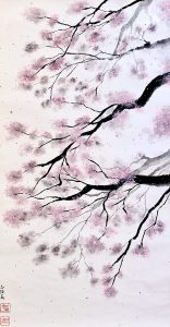 桜の木の下で　水墨画掛け軸