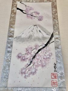 桜と富士山　絹掛け軸